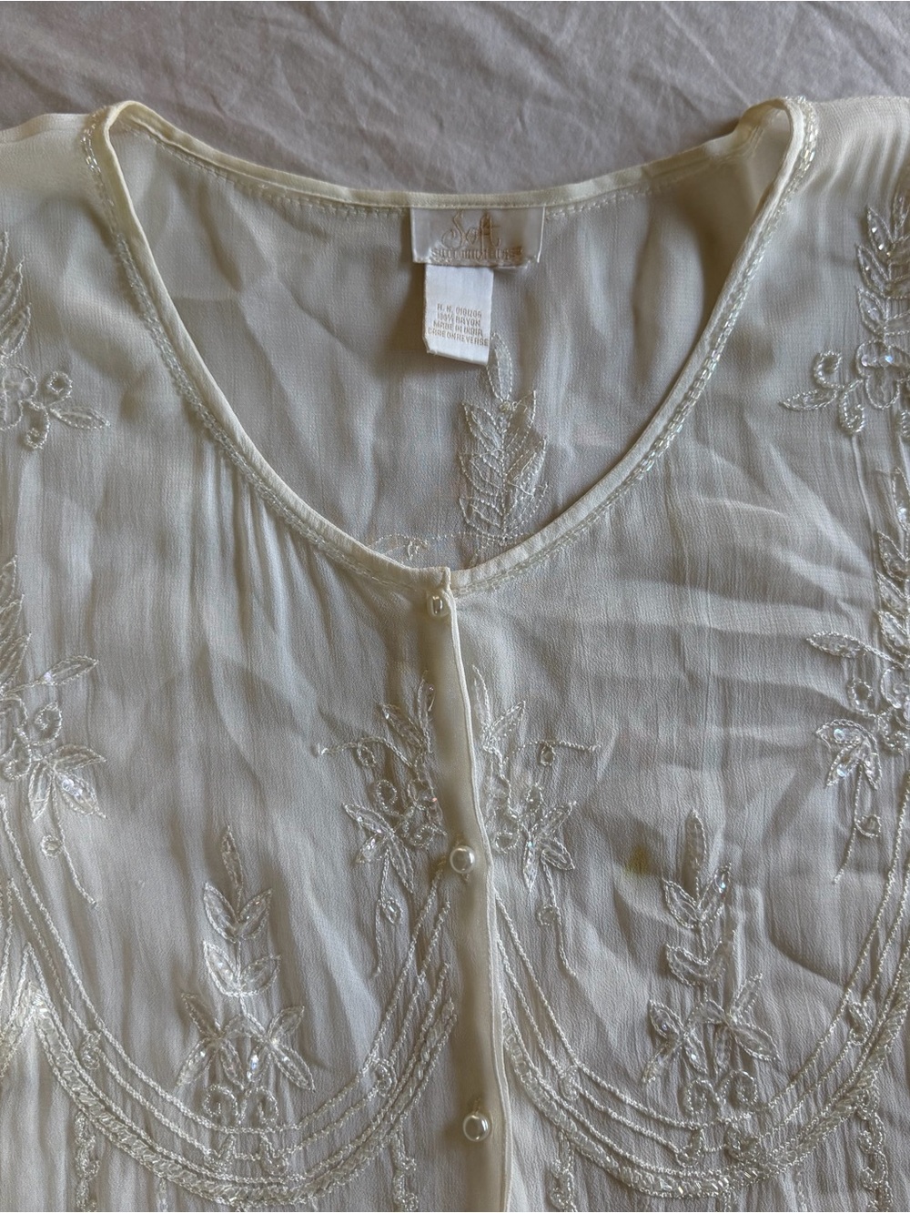 Soft Surroundings Ivory Beaded Embroidered Sheer Blouse - Picture 4 of 14